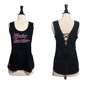 Harley Davidson Lace Up Back Black‎ Pink Tank Large